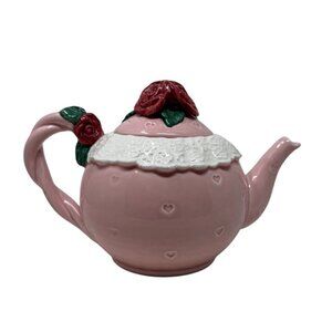 OCI Omnibus Japan Pink Ceramic Teapot With Red Rose Lid & Heart Detailing Vtg